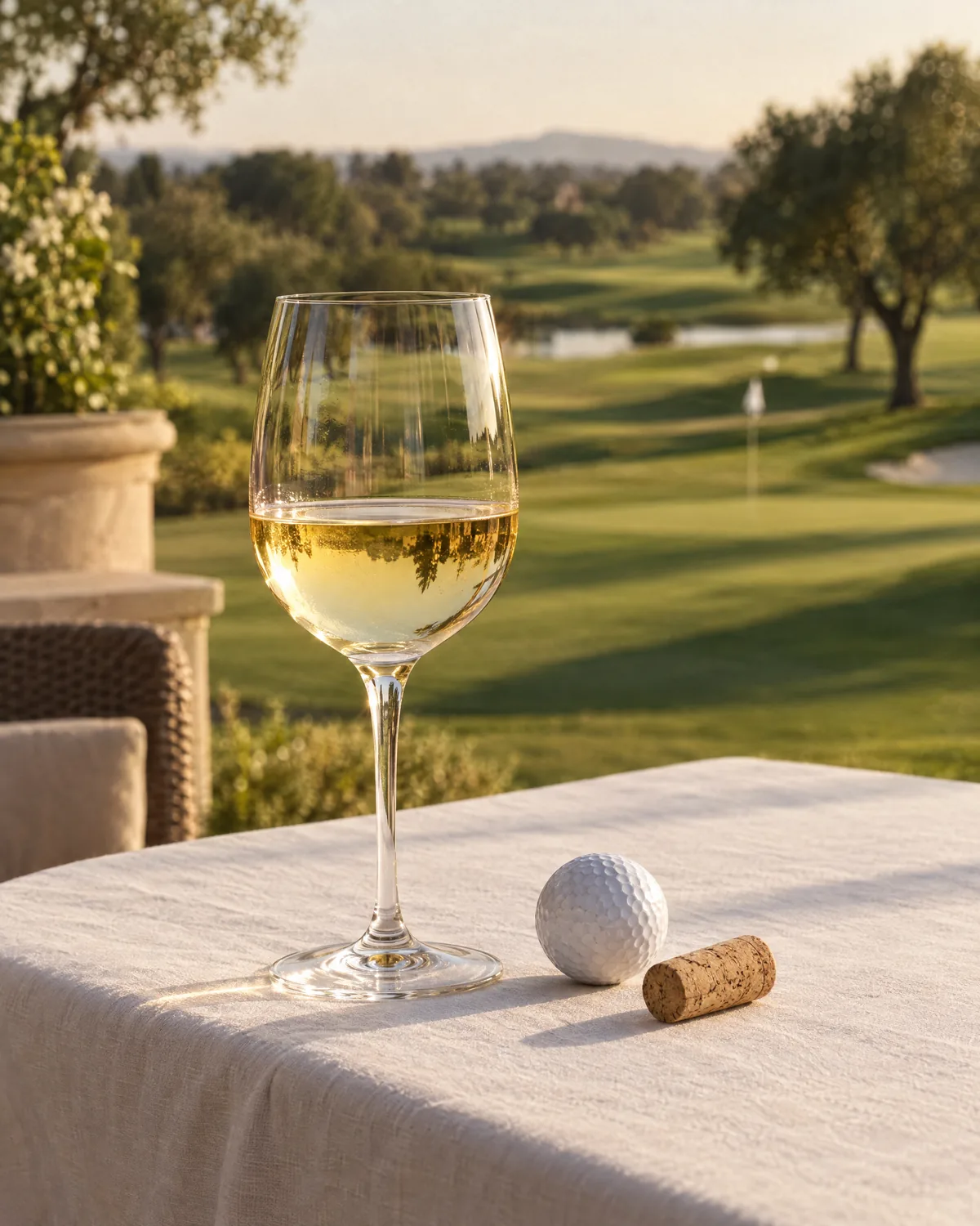 Ein Glas Weißwein, ein Golfball und ein Korken auf einer Terrasse mit Blick auf den Golfplatz